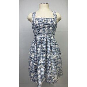 NWOT American Eagle Smocked Cross Back Mini Dress Blue Floral Gingham Size XS